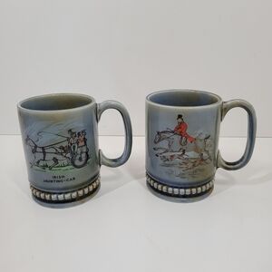 Irish Jaunting Car Horse Dog Hunting Blue Coffee Mug Set Of 2 11oz Ireland Made